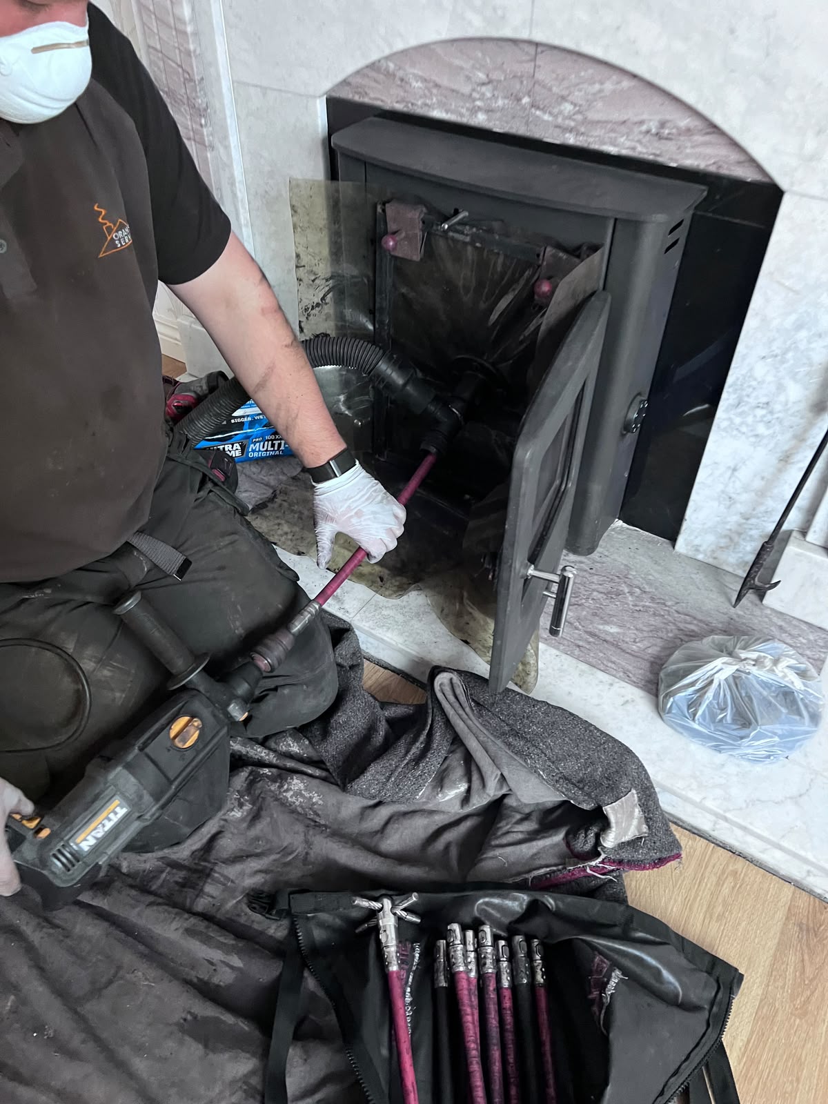 Chimney cleaning work in progress